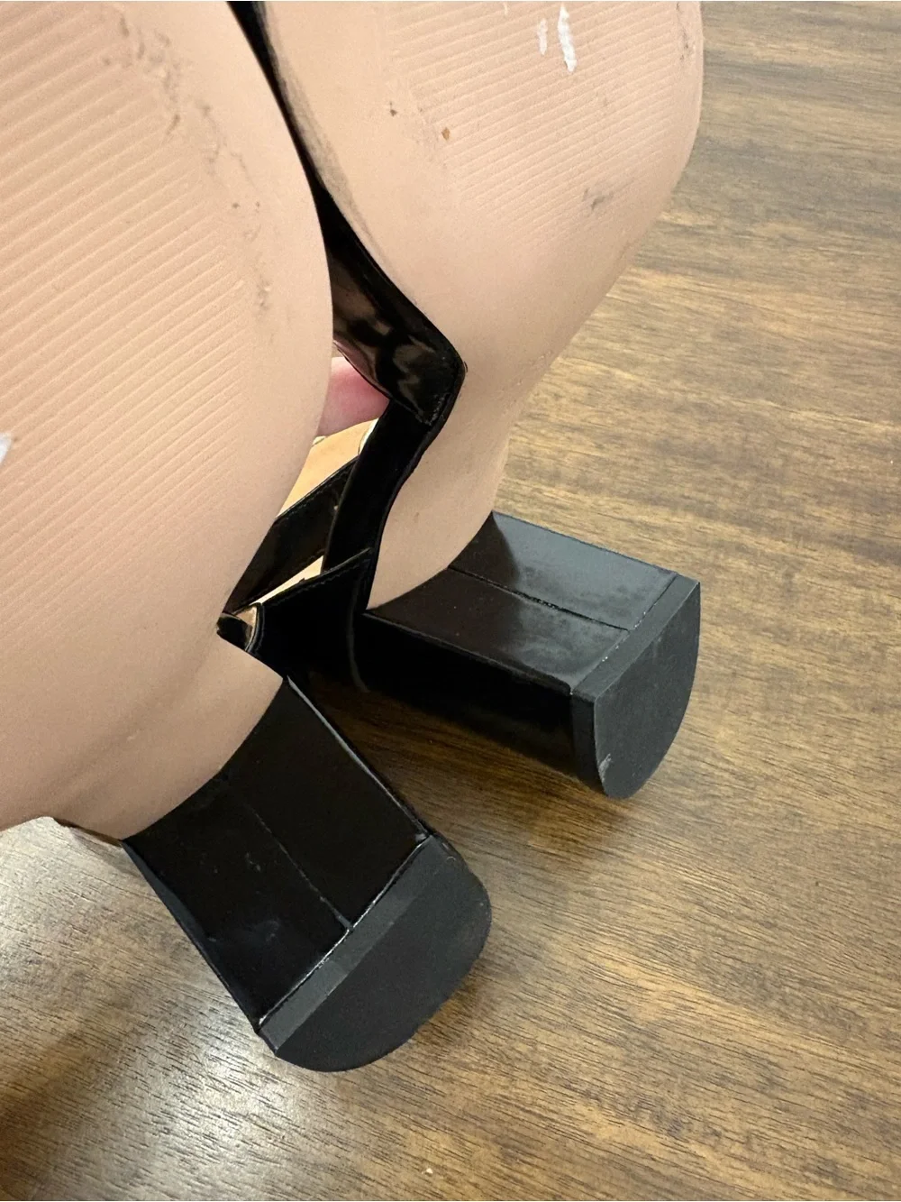J.Crew Maisie Ankle-strap heels in black with gold buckle, block heel. Preppy
